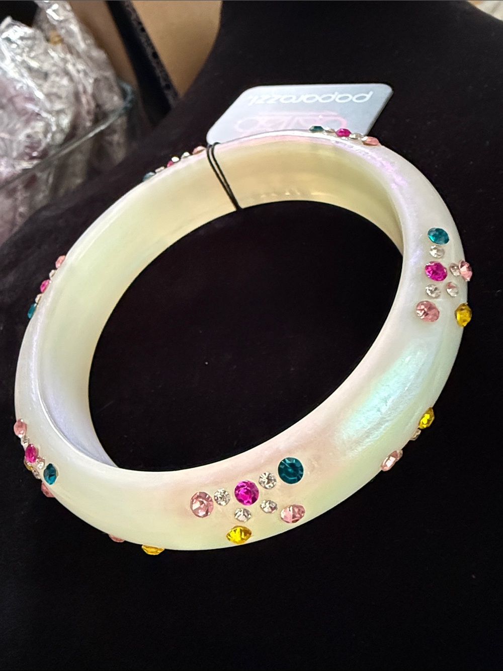 NWT Paparazzi Iridescent White w/ multi-Crystal Bangle Bracelet 2.5” opening